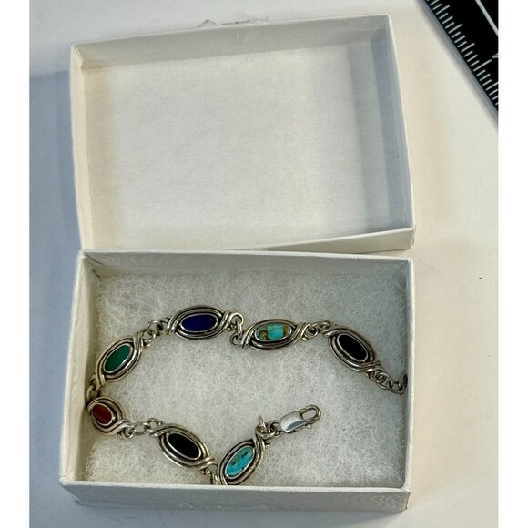 Vintage Boho SW 925 Silver Multi Stone Cabochon Link Bracelet 7" Turquoise Onyx - Picture 11 of 11